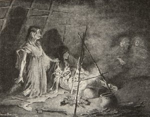 Ging zitten in de verste hoek, laag gehurkt tussen de schaduwen, uit Het Lied van Hiawatha door Henry Wadsworth Longfellow